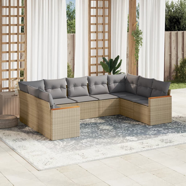 9-tlg. Garten-Sofagarnitur mit Kissen Beige Poly Rattan