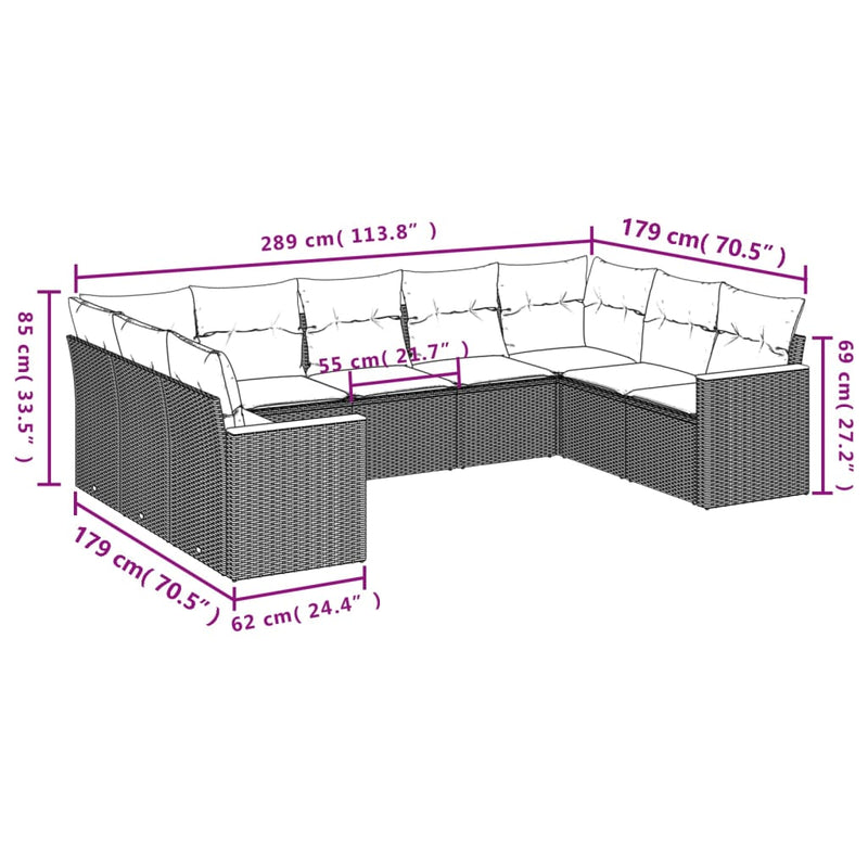 9-tlg. Garten-Sofagarnitur mit Kissen Grau Poly Rattan