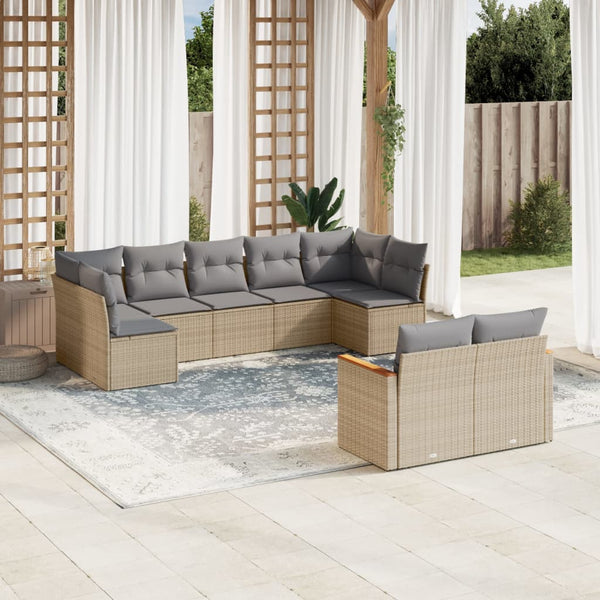 9-tlg. Garten-Sofagarnitur mit Kissen Beige Poly Rattan