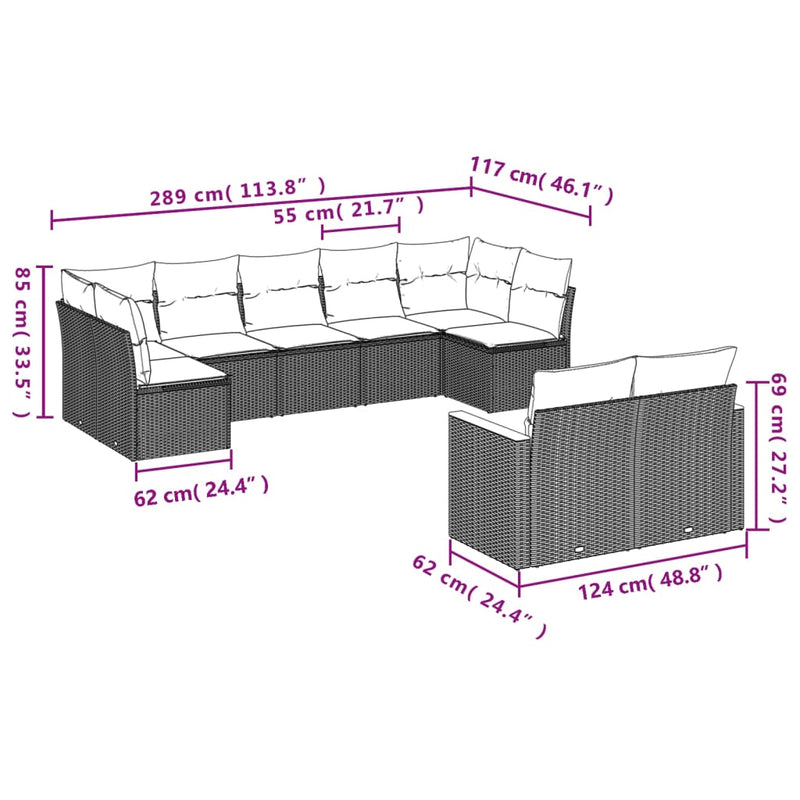 9-tlg. Garten-Sofagarnitur mit Kissen Grau Poly Rattan