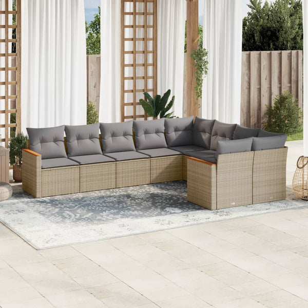 9-tlg. Garten-Sofagarnitur mit Kissen Beige Poly Rattan