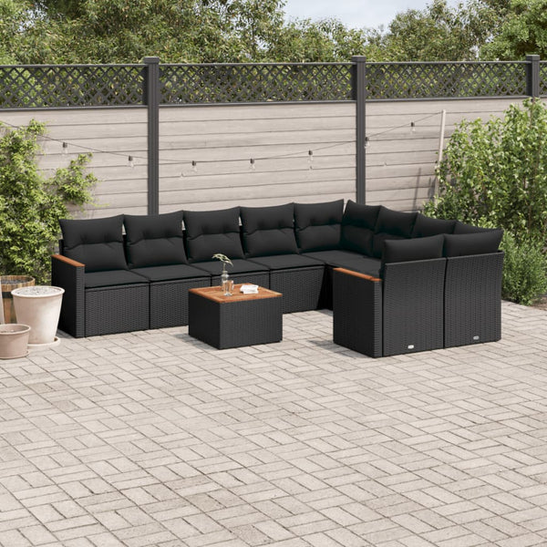 10-tlg. Garten-Sofagarnitur mit Kissen Schwarz Poly Rattan