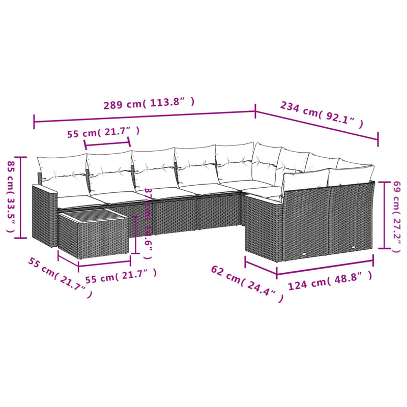 10-tlg. Garten-Sofagarnitur mit Kissen Schwarz Poly Rattan