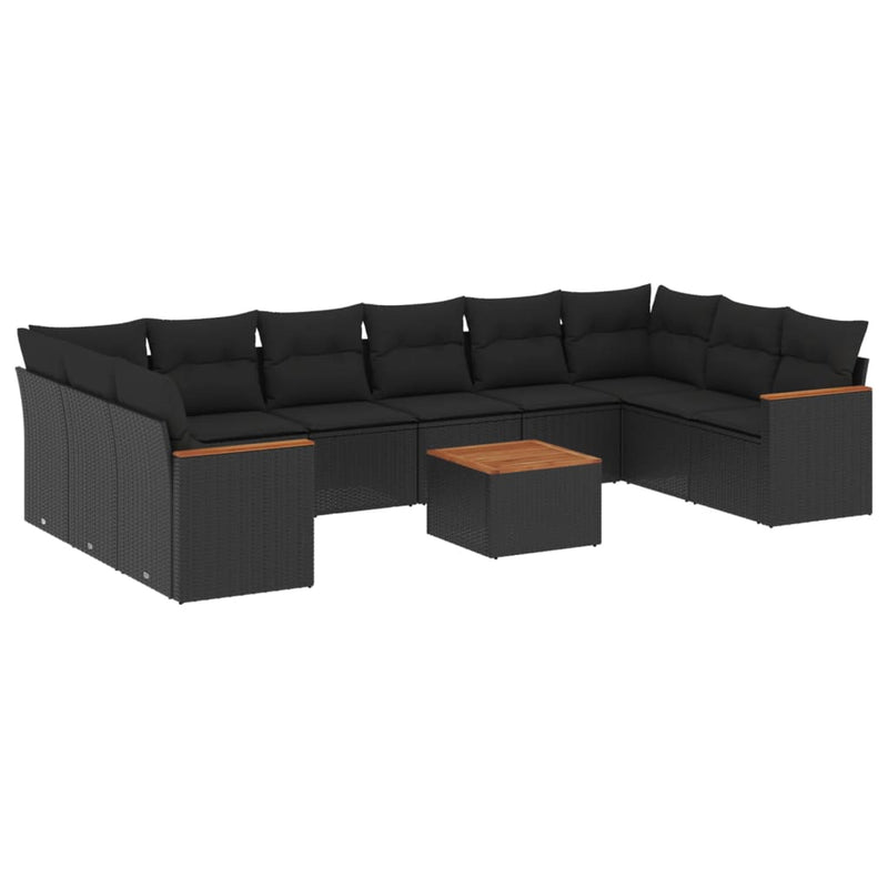 11-tlg. Garten-Sofagarnitur mit Kissen Schwarz Poly Rattan