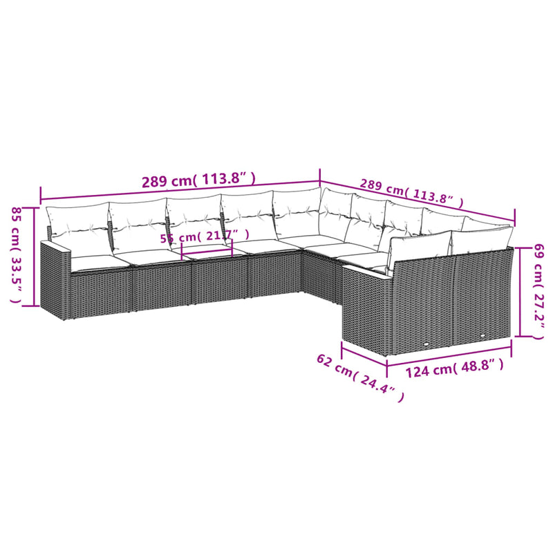 10-tlg. Garten-Sofagarnitur mit Kissen Schwarz Poly Rattan