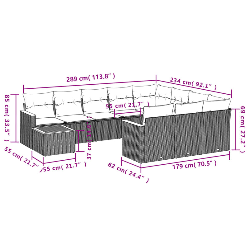 11-tlg. Garten-Sofagarnitur mit Kissen Grau Poly Rattan