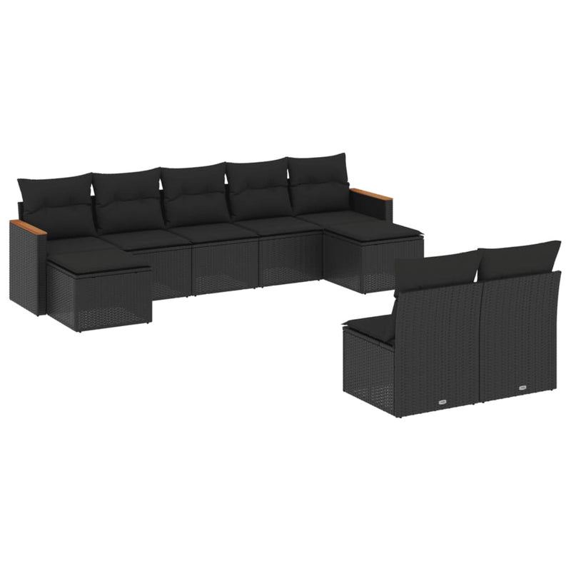 9-tlg. Garten-Sofagarnitur mit Kissen Schwarz Poly Rattan