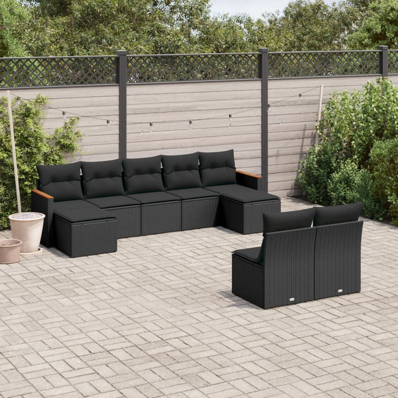 9-tlg. Garten-Sofagarnitur mit Kissen Schwarz Poly Rattan