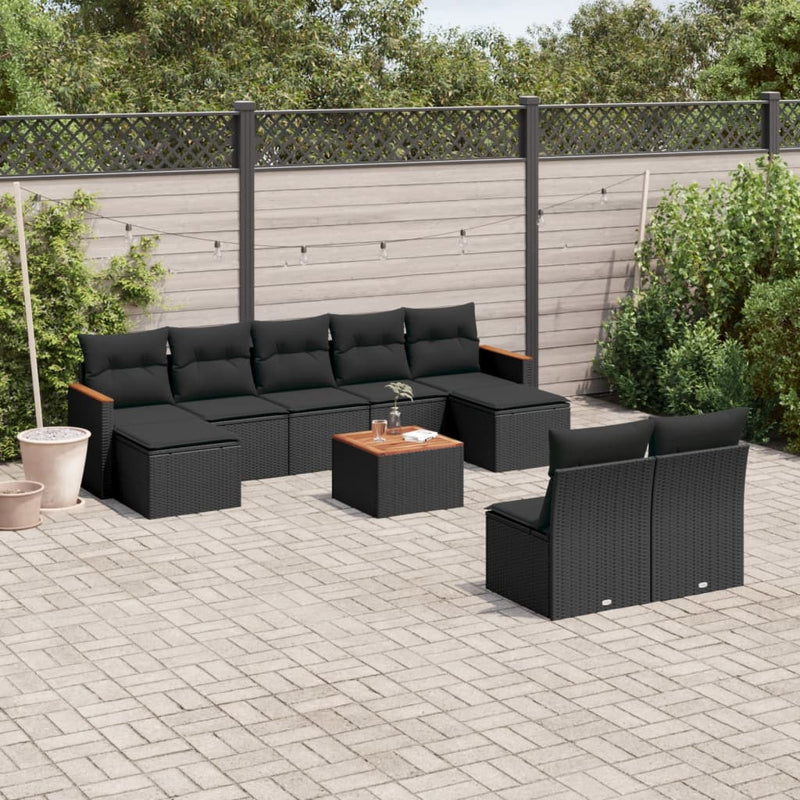 10-tlg. Garten-Sofagarnitur mit Kissen Schwarz Poly Rattan