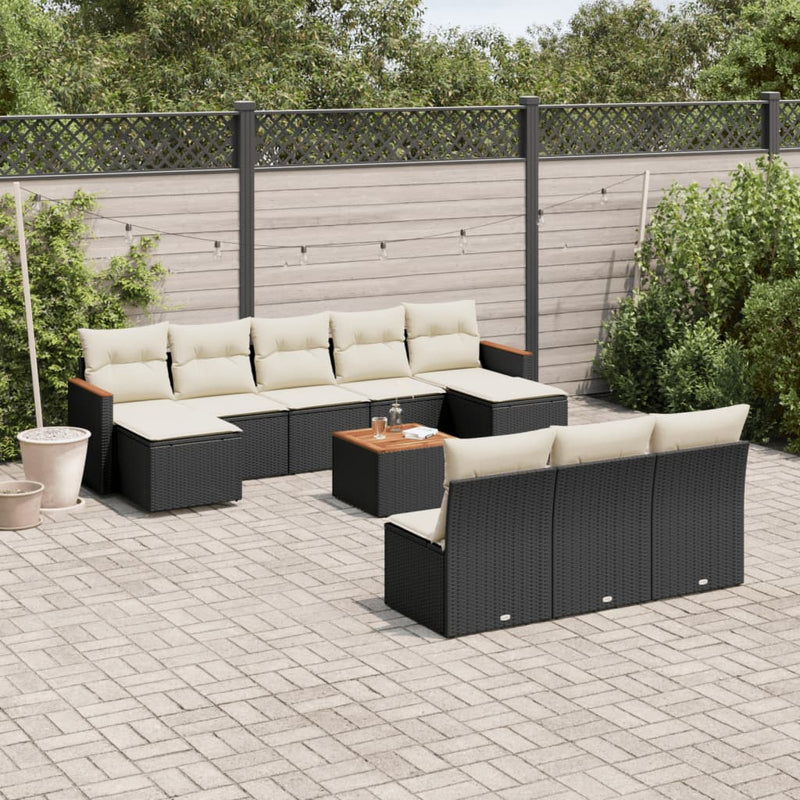 11-tlg. Garten-Sofagarnitur mit Kissen Schwarz Poly Rattan