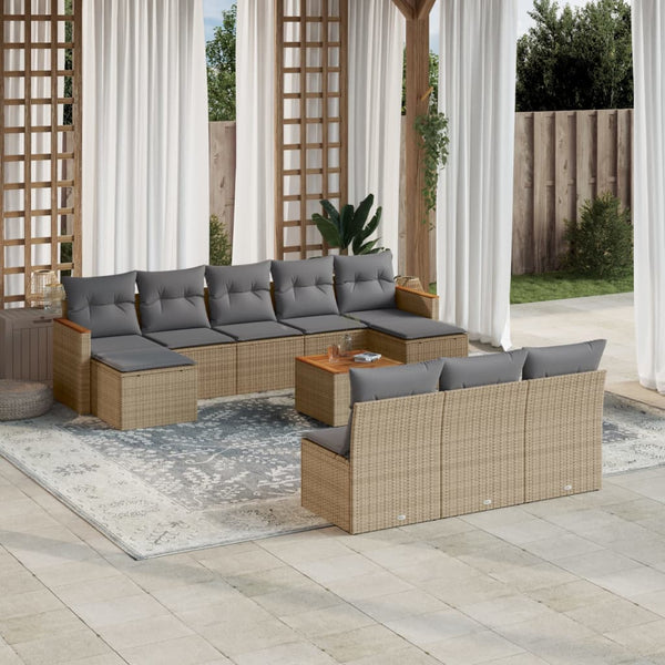 11-tlg. Garten-Sofagarnitur mit Kissen Beige Poly Rattan