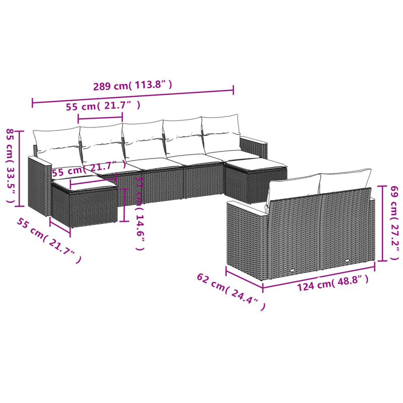 9-tlg. Garten-Sofagarnitur mit Kissen Schwarz Poly Rattan