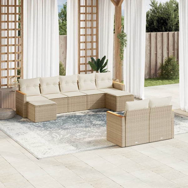 9-tlg. Garten-Sofagarnitur mit Kissen Beige Poly Rattan