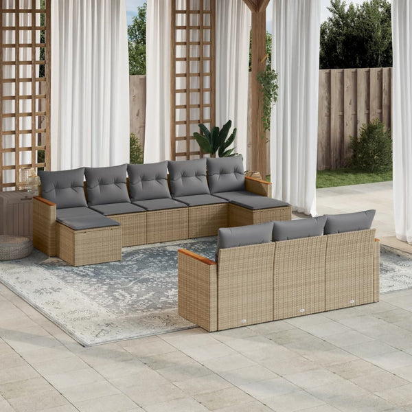 10-tlg. Garten-Sofagarnitur mit Kissen Beige Poly Rattan