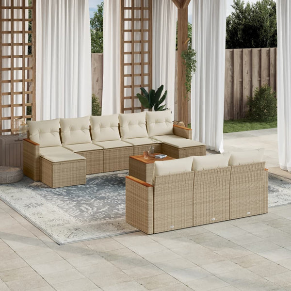 11-tlg. Garten-Sofagarnitur mit Kissen Beige Poly Rattan