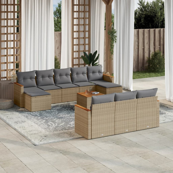 11-tlg. Garten-Sofagarnitur mit Kissen Beige Poly Rattan