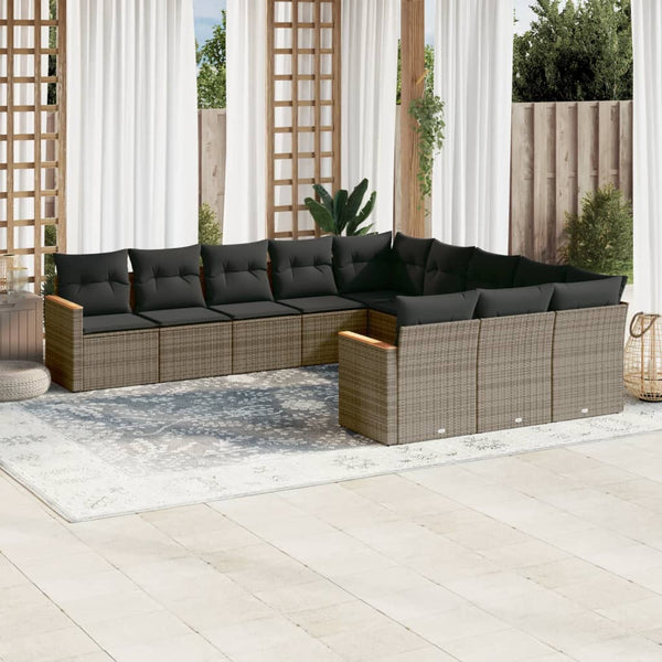 11-tlg. Garten-Sofagarnitur mit Kissen Grau Poly Rattan