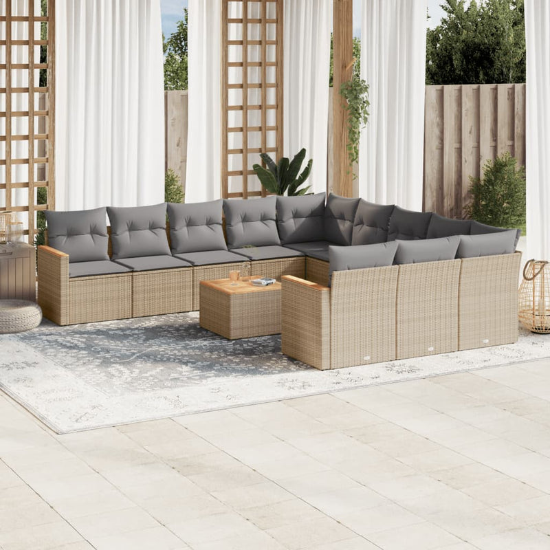 12-tlg. Garten-Sofagarnitur mit Kissen Beige Poly Rattan