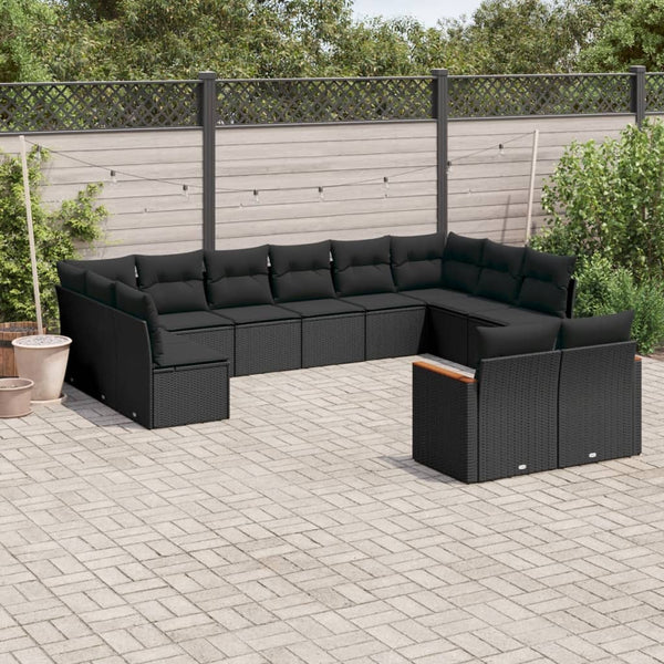 12-tlg. Garten-Sofagarnitur mit Kissen Schwarz Poly Rattan