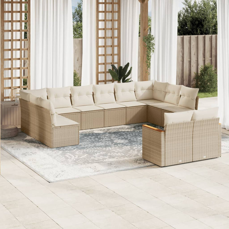 12-tlg. Garten-Sofagarnitur mit Kissen Beige Poly Rattan