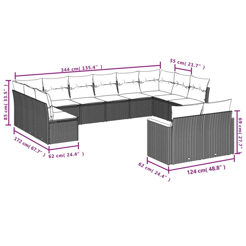 13-tlg. Garten-Sofagarnitur mit Kissen Beige Poly Rattan