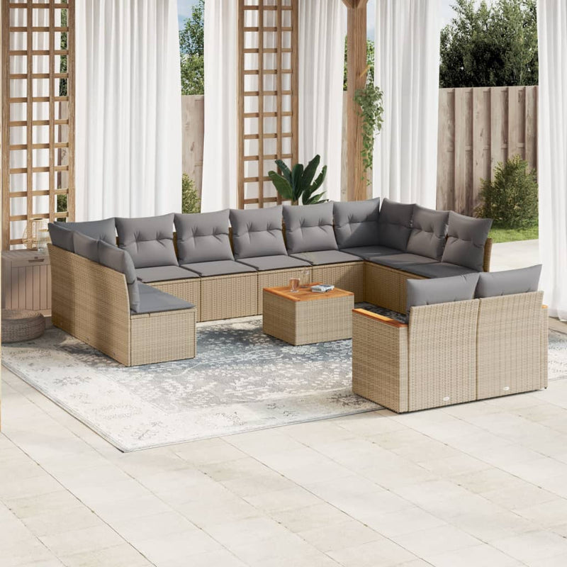 13-tlg. Garten-Sofagarnitur mit Kissen Beige Poly Rattan