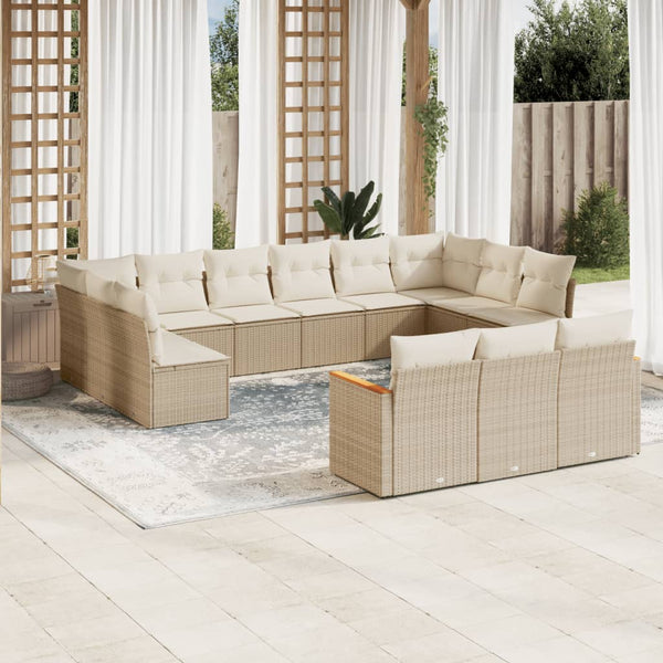 13-tlg. Garten-Sofagarnitur mit Kissen Beige Poly Rattan