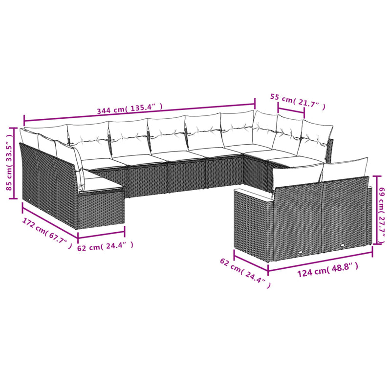 14-tlg. Garten-Sofagarnitur mit Kissen Beige Poly Rattan