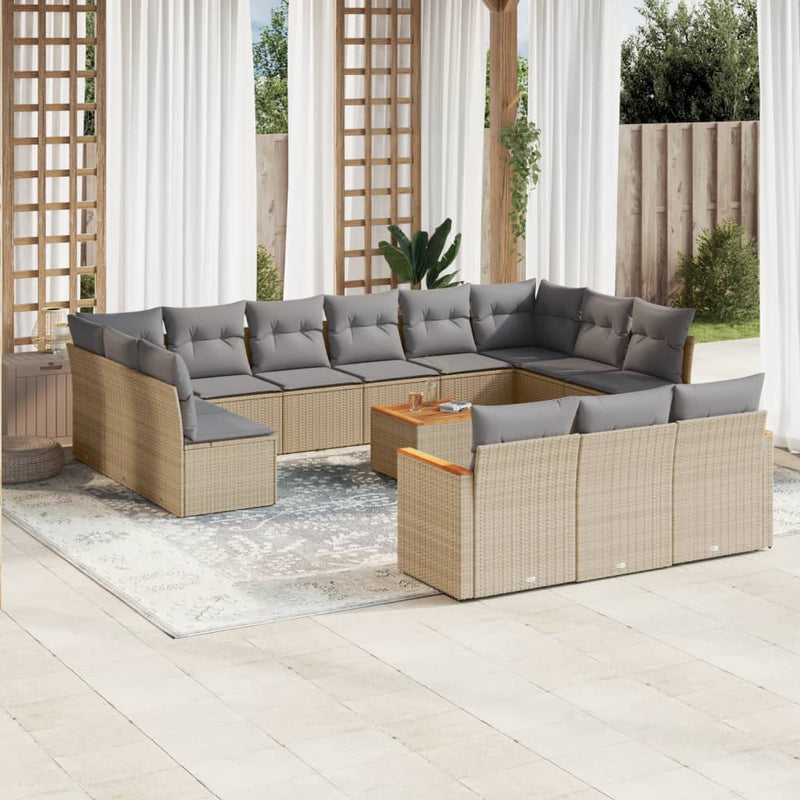 14-tlg. Garten-Sofagarnitur mit Kissen Beige Poly Rattan