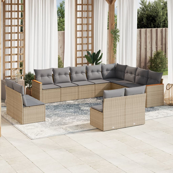 12-tlg. Garten-Sofagarnitur mit Kissen Beige Poly Rattan