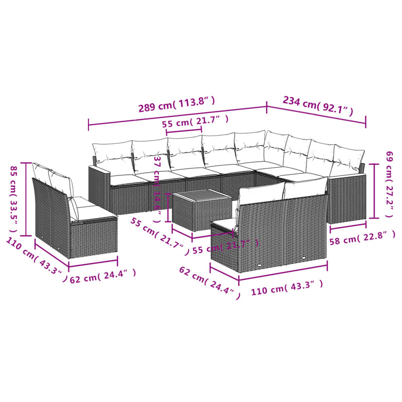 13-tlg. Garten-Sofagarnitur mit Kissen Schwarz Poly Rattan