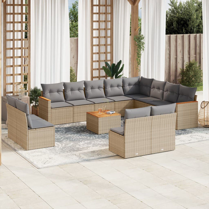 13-tlg. Garten-Sofagarnitur mit Kissen Beige Poly Rattan