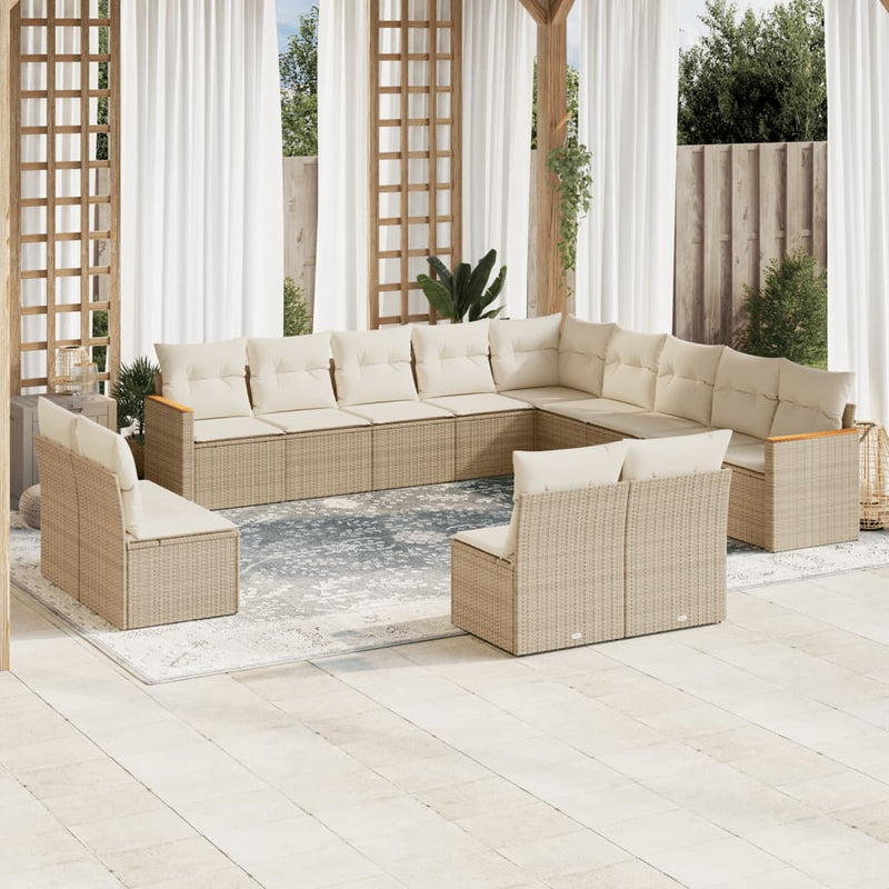 13-tlg. Garten-Sofagarnitur mit Kissen Beige Poly Rattan