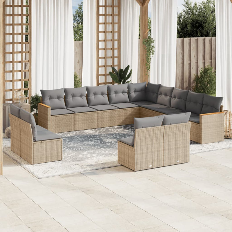 13-tlg. Garten-Sofagarnitur mit Kissen Beige Poly Rattan