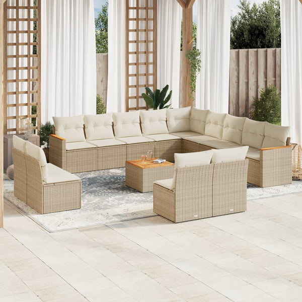 14-tlg. Garten-Sofagarnitur mit Kissen Beige Poly Rattan