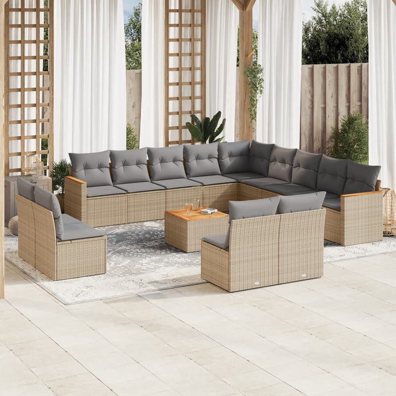 14-tlg. Garten-Sofagarnitur mit Kissen Beige Poly Rattan