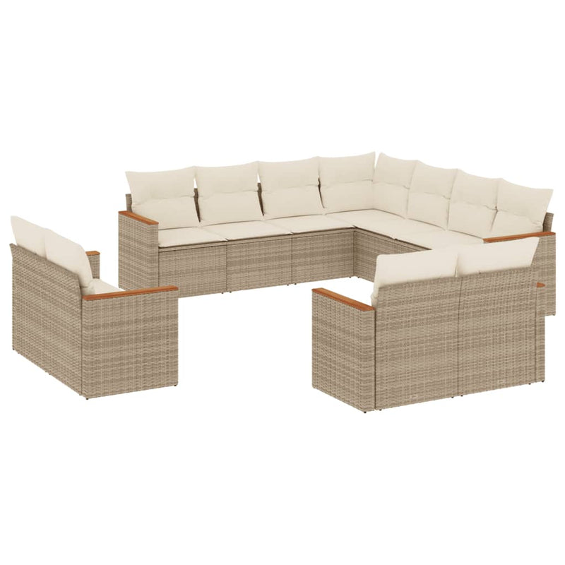 11-tlg. Garten-Sofagarnitur mit Kissen Beige Poly Rattan