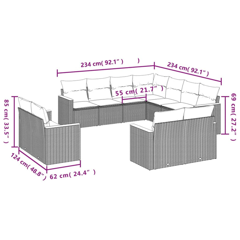 11-tlg. Garten-Sofagarnitur mit Kissen Grau Poly Rattan