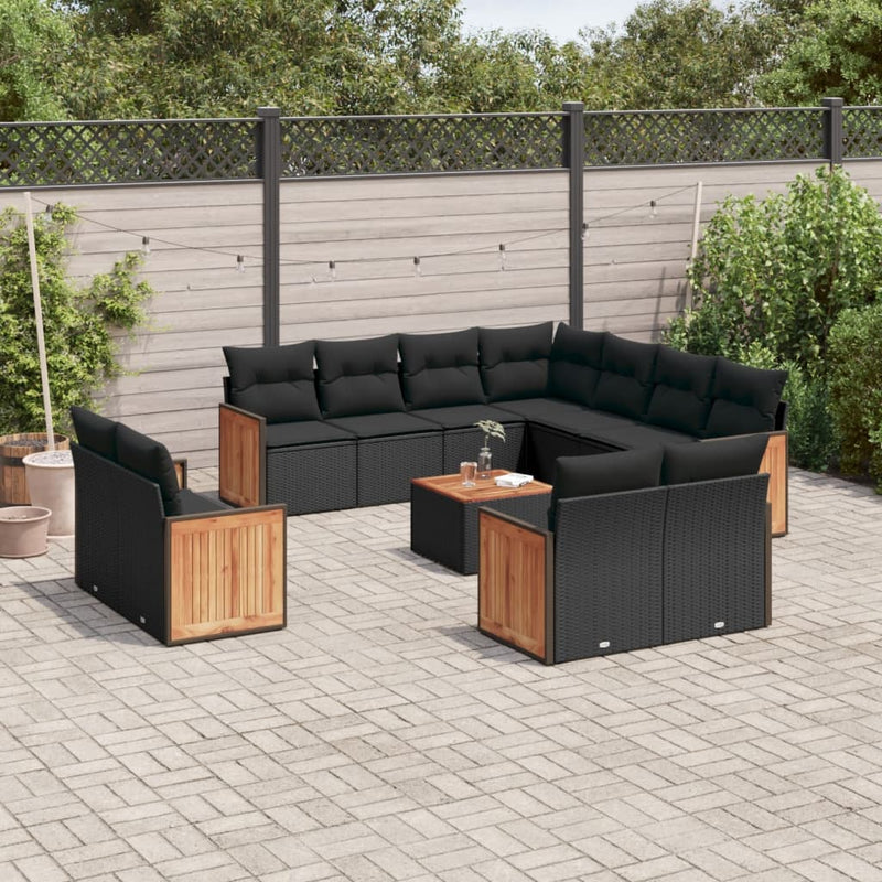 12-tlg. Garten-Sofagarnitur mit Kissen Schwarz Poly Rattan