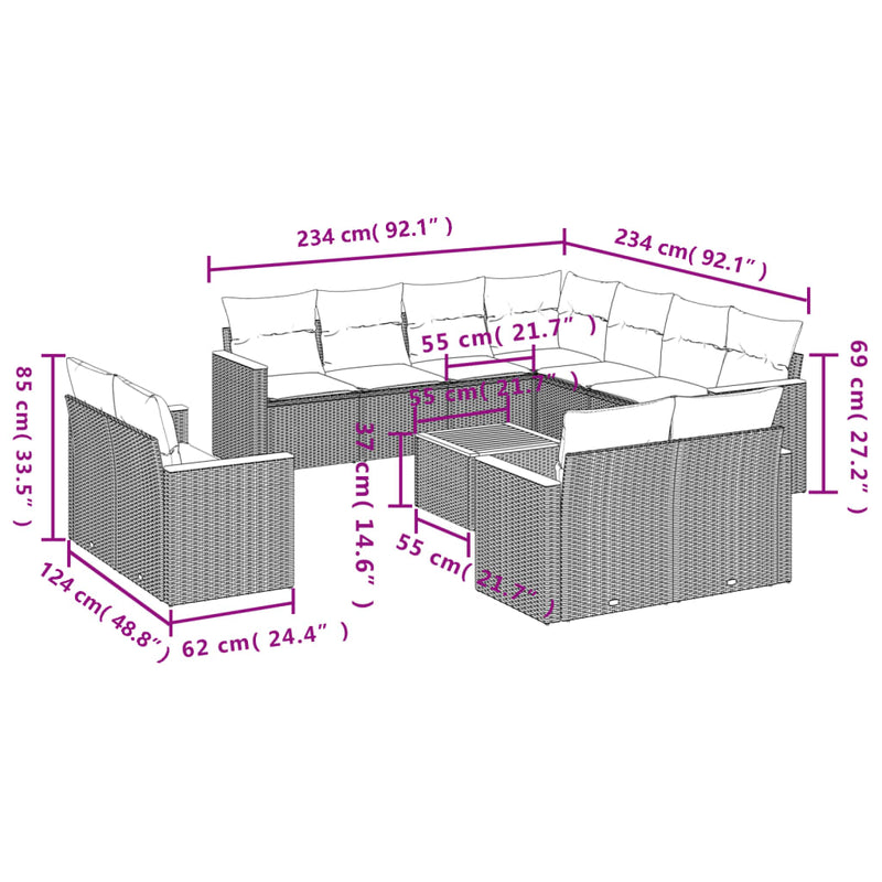 12-tlg. Garten-Sofagarnitur mit Kissen Schwarz Poly Rattan