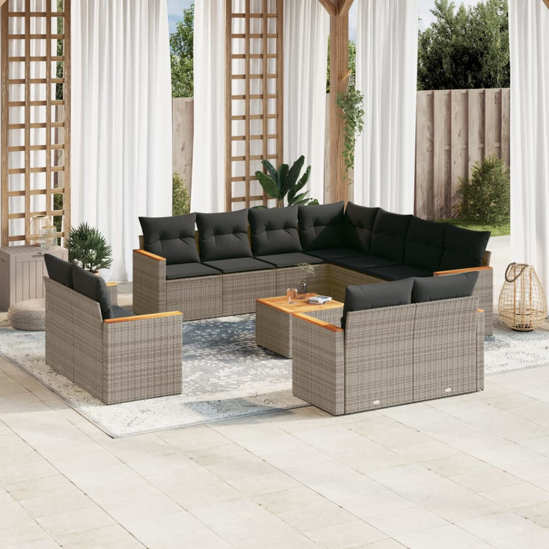 12-tlg. Garten-Sofagarnitur mit Kissen Grau Poly Rattan