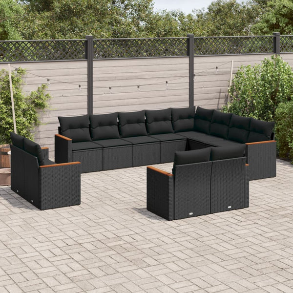 12-tlg. Garten-Sofagarnitur mit Kissen Schwarz Poly Rattan