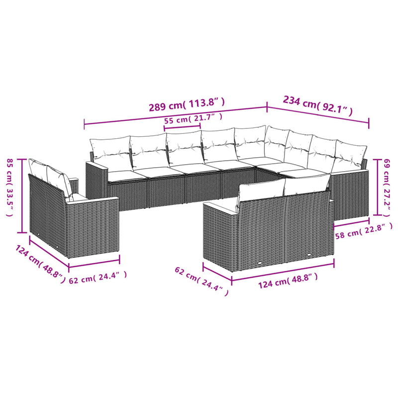 12-tlg. Garten-Sofagarnitur mit Kissen Beige Poly Rattan