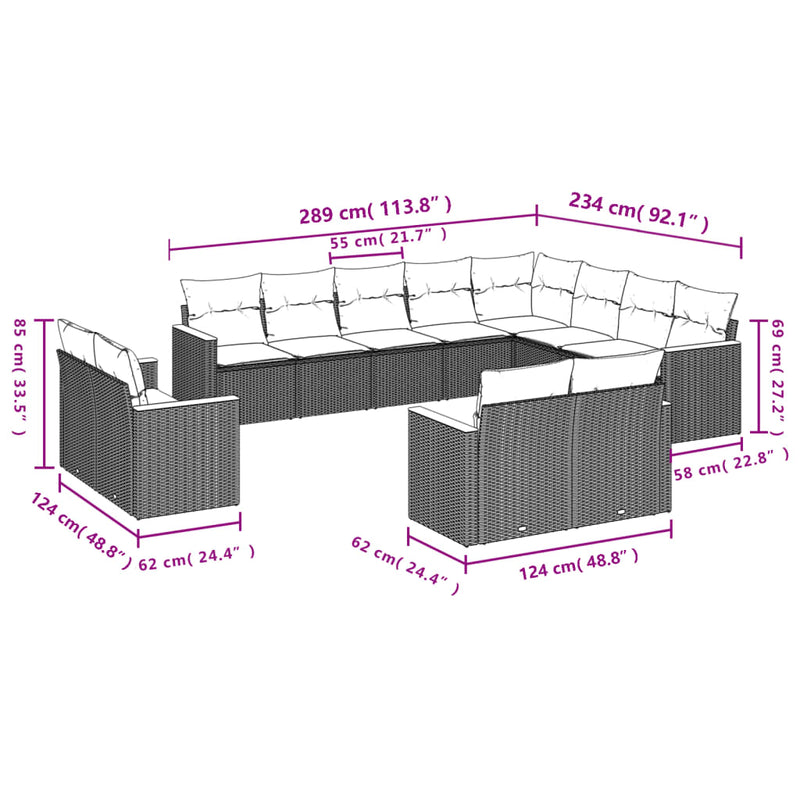 12-tlg. Garten-Sofagarnitur mit Kissen Grau Poly Rattan