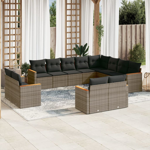 12-tlg. Garten-Sofagarnitur mit Kissen Grau Poly Rattan