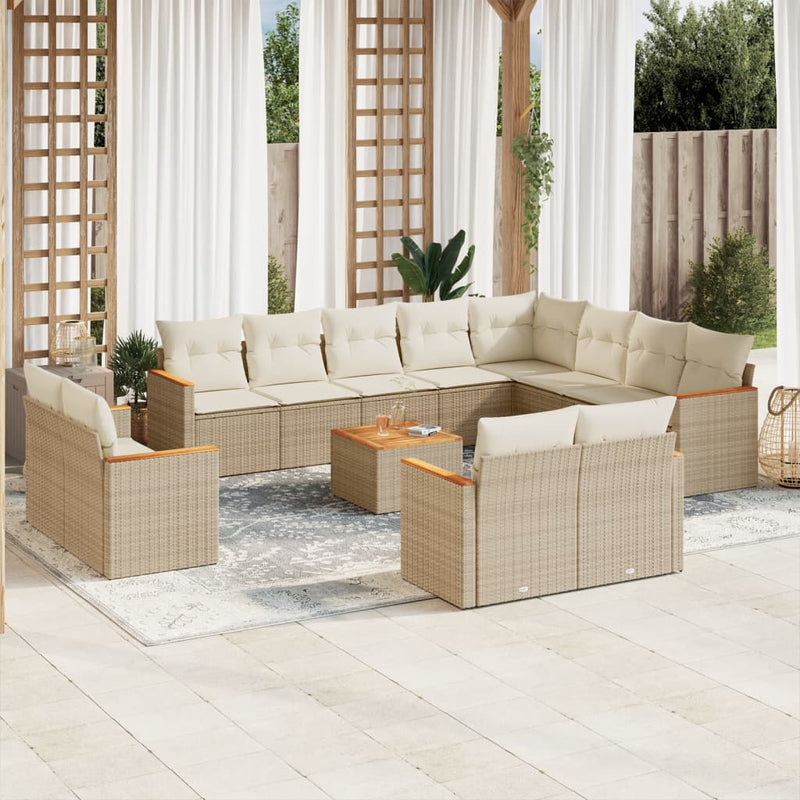 13-tlg. Garten-Sofagarnitur mit Kissen Beige Poly Rattan