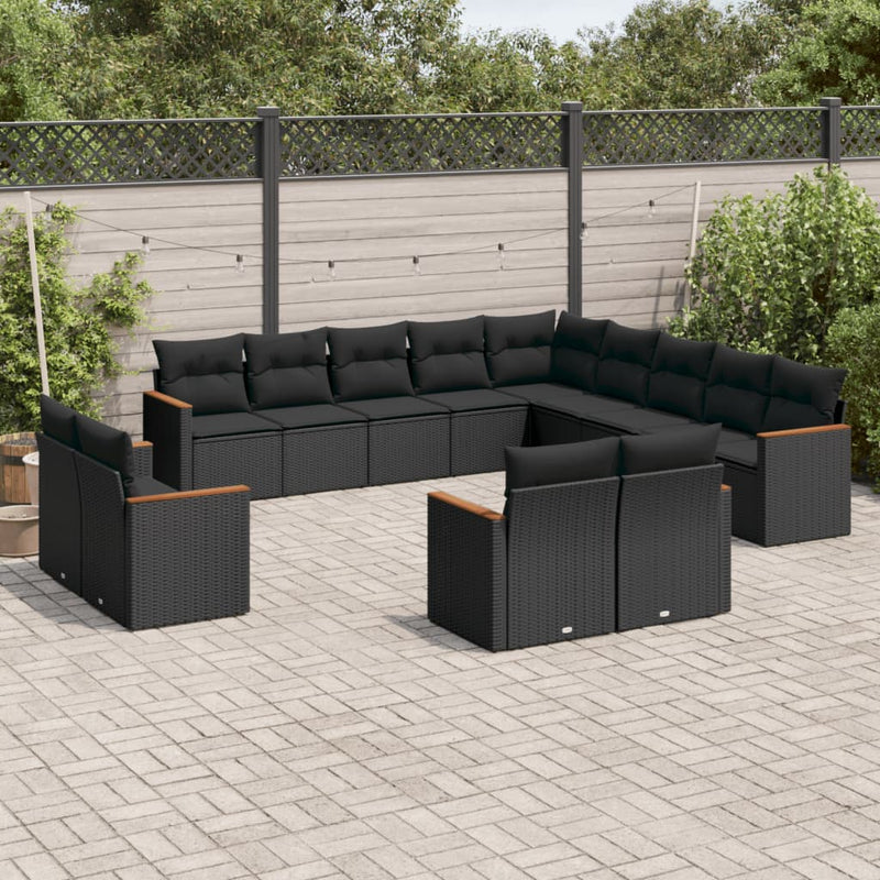 13-tlg. Garten-Sofagarnitur mit Kissen Schwarz Poly Rattan