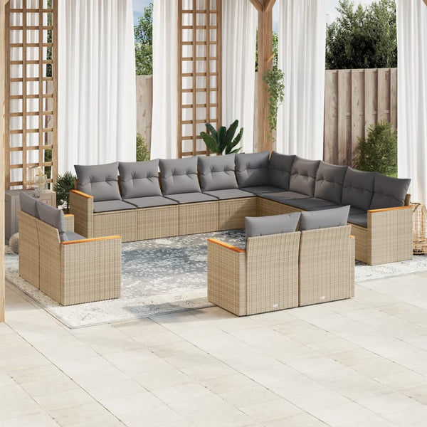 13-tlg. Garten-Sofagarnitur mit Kissen Beige Poly Rattan