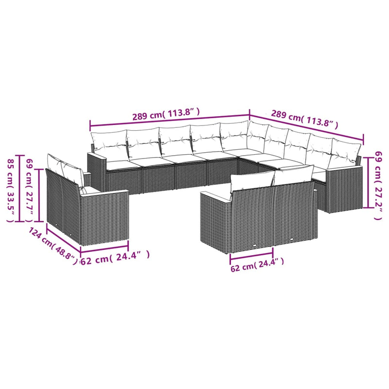 13-tlg. Garten-Sofagarnitur mit Kissen Grau Poly Rattan