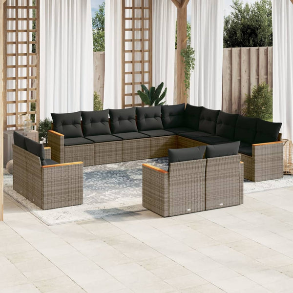 13-tlg. Garten-Sofagarnitur mit Kissen Grau Poly Rattan